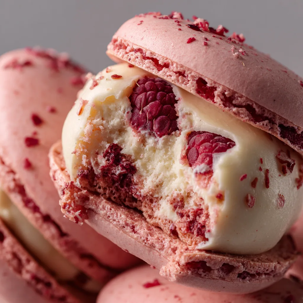 Gros plan d'un macaron Saint-Valentin coupé montrant la texture moelleuse et la ganache crémeuse