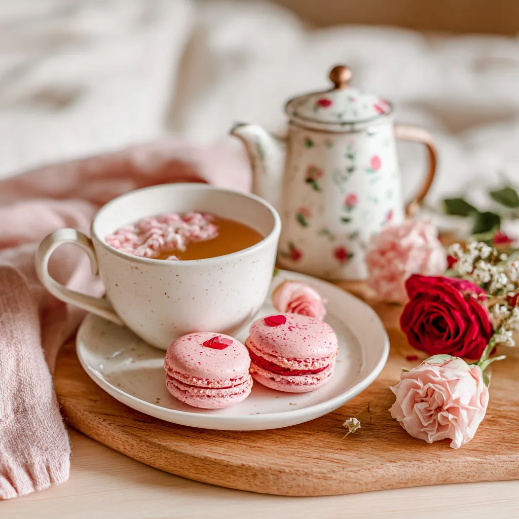 Présentation élégante de Macarons Saint-Valentin servis avec thé à la rose sur table romantique