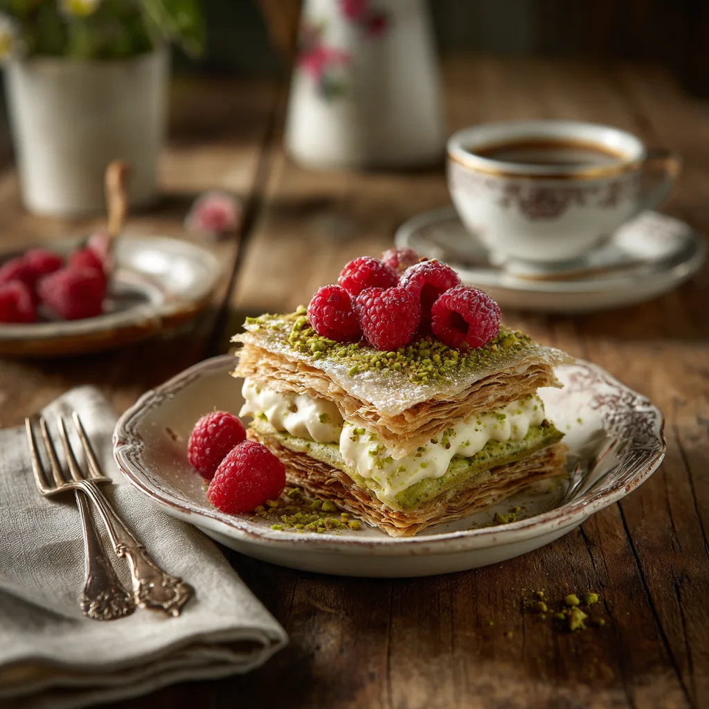 Mille-feuille pistache servi élégamment sur table avec café et framboises
