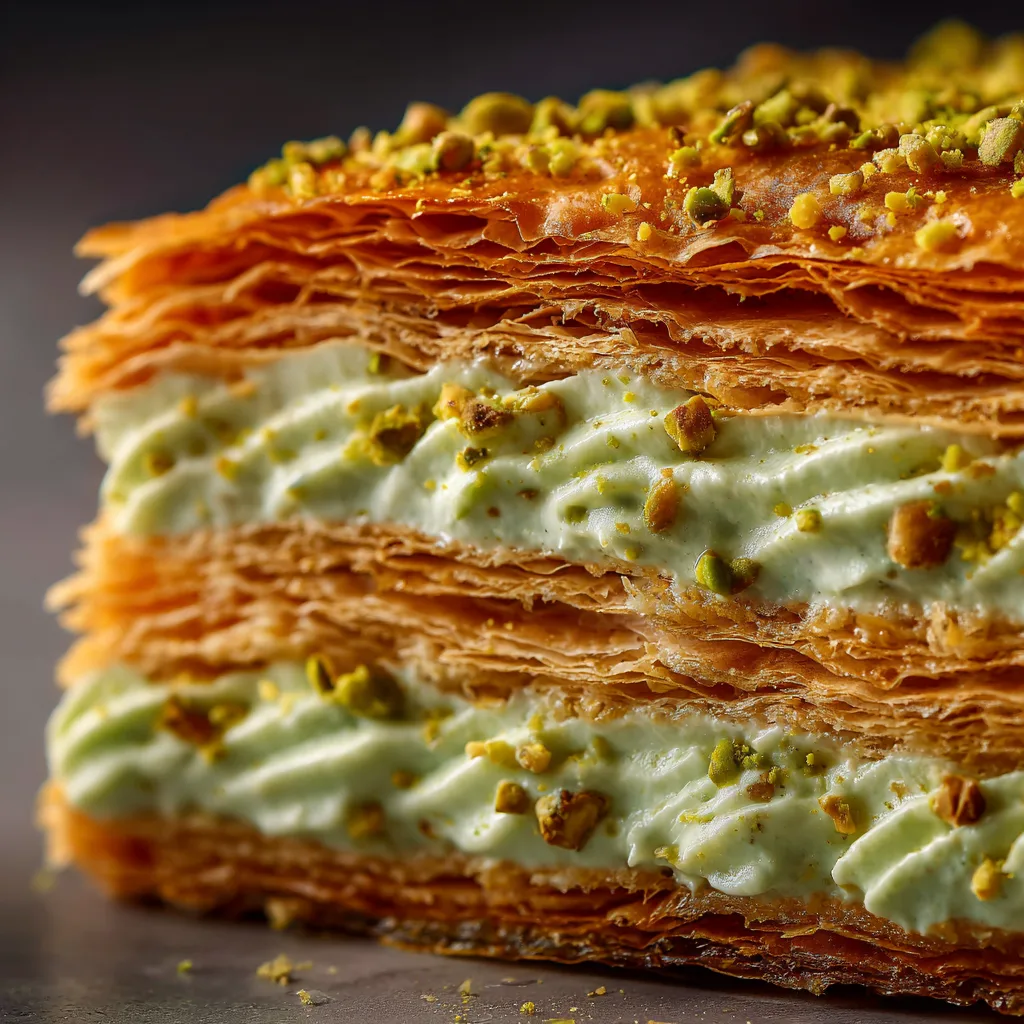 Gros plan sur la texture croustillante et la crème pistache du mille-feuille
