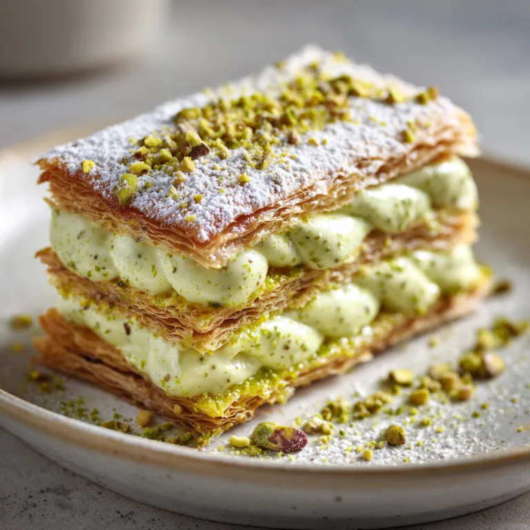 Mille-feuille pistache maison vu de dessus avec crème verte et pistaches concassées