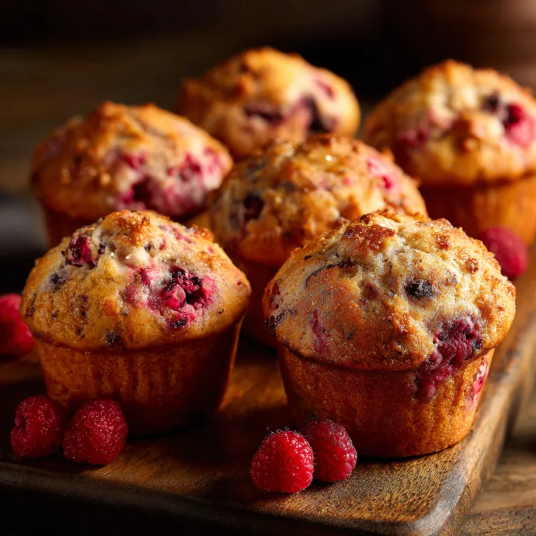 Muffins aux fruits rouges moelleux vue de dessus sur planche en bois