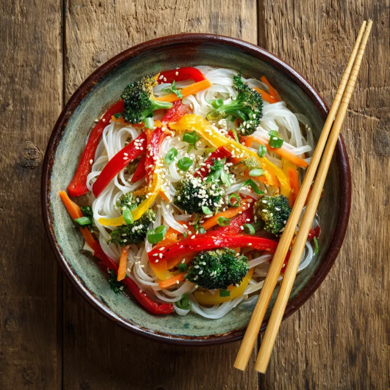 Nouilles de riz aux légumes colorées dans un bol vue du dessus avec poivrons brocoli et carottes
