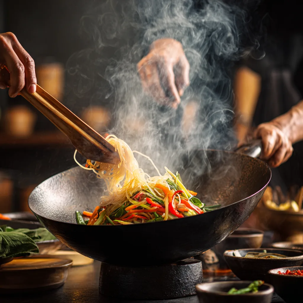 Cuisson nouilles de riz aux légumes dans wok action flamme haute température