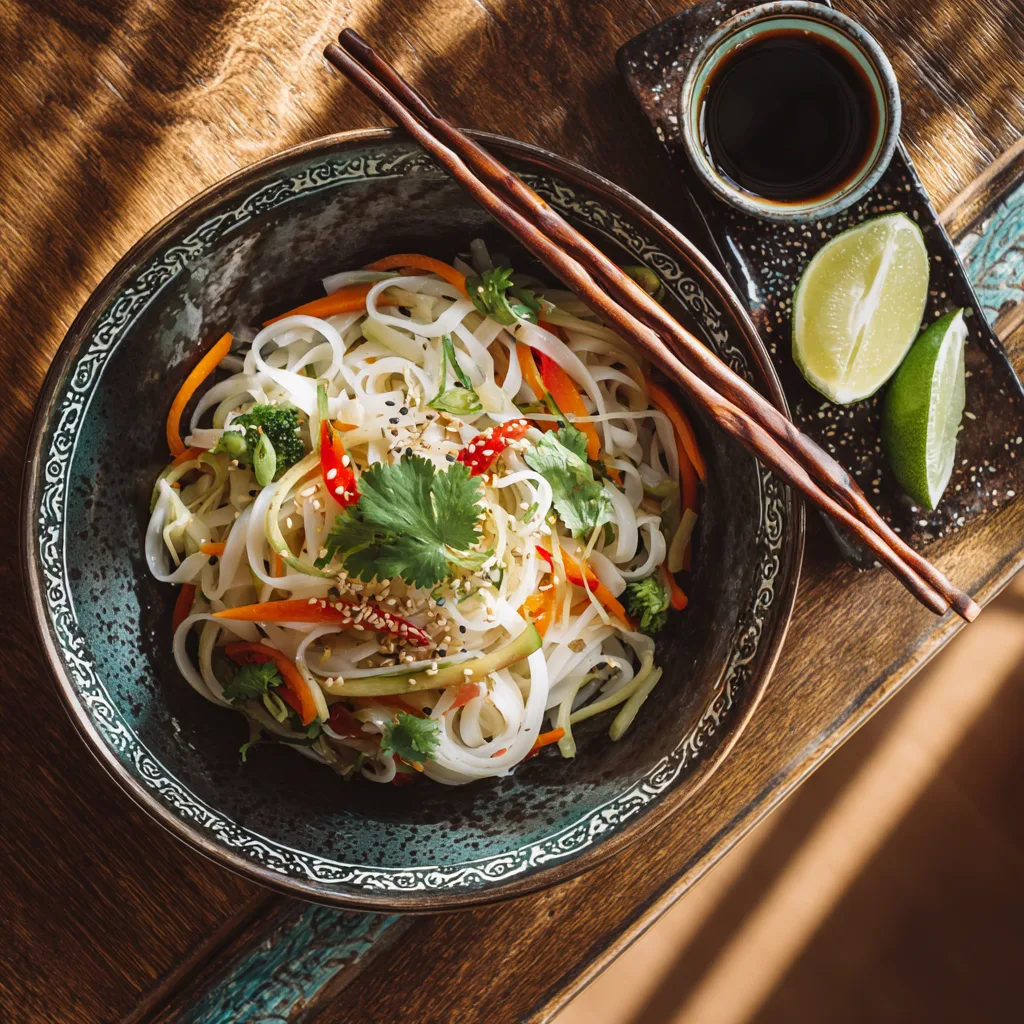 Nouilles de riz aux légumes servies dans bol asiatique avec baguettes et accompagnements