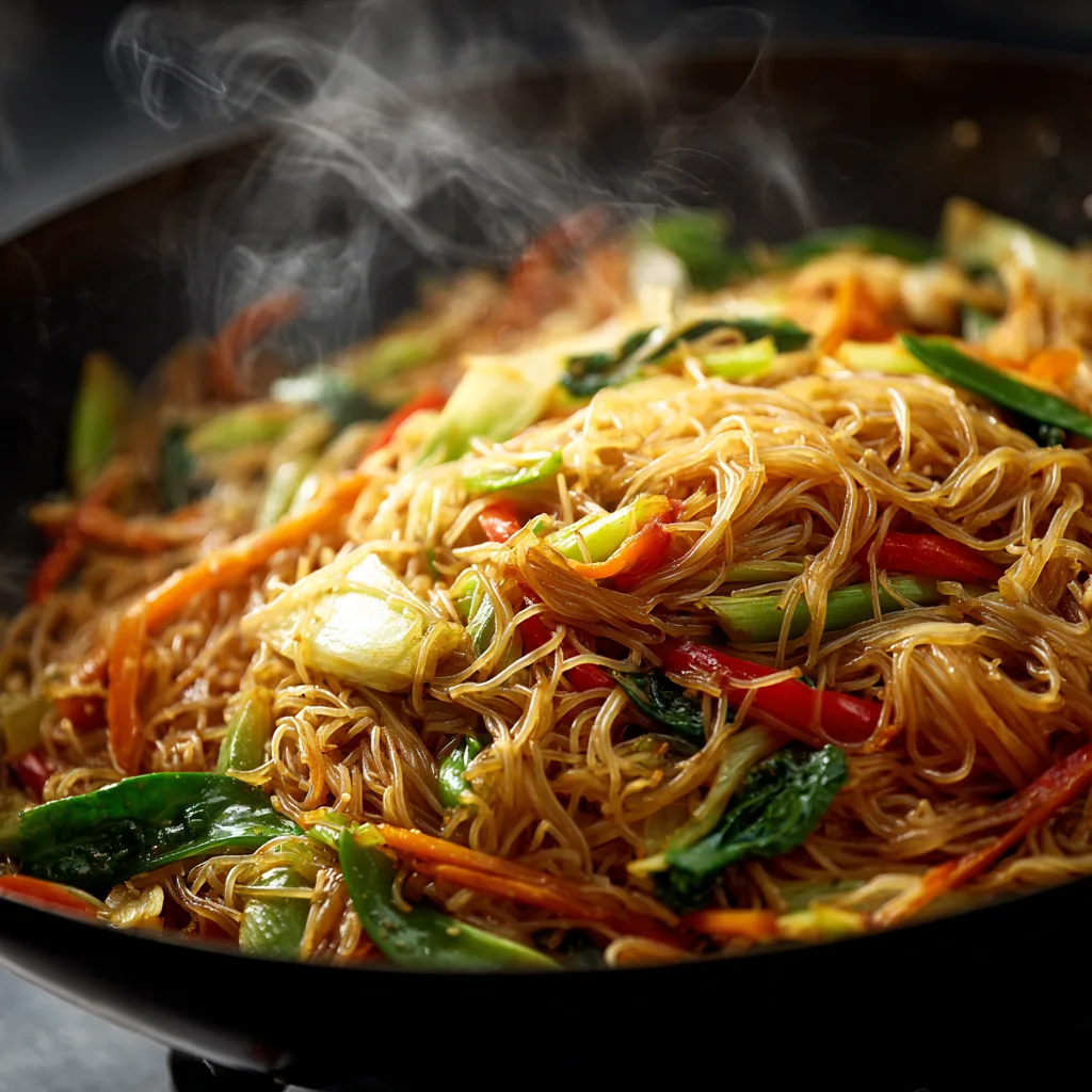 Gros plan texture nouilles de riz aux légumes sautées au wok sauce soja brillante