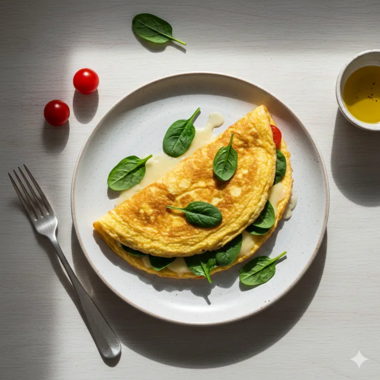 Omelette aux épinards dorée vue du dessus avec fromage fondu sur assiette blanche
