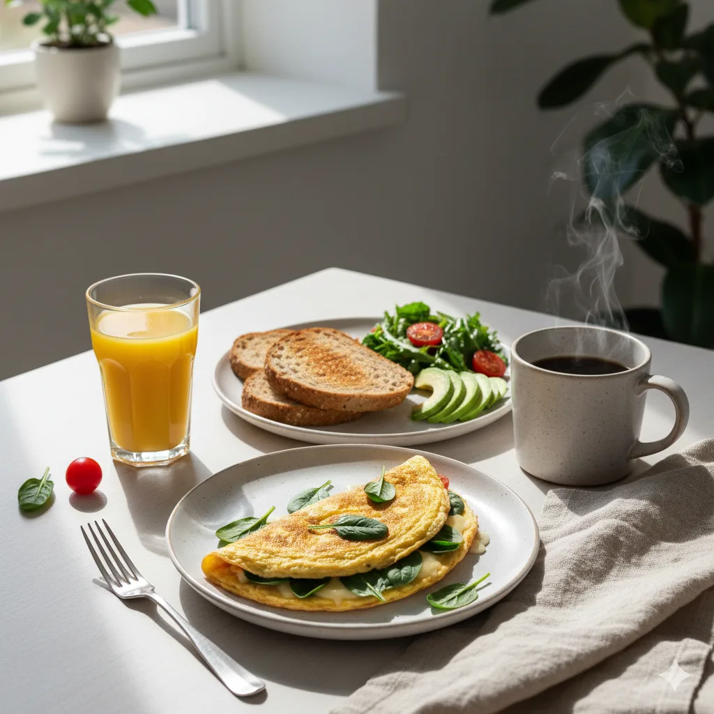  Omelette aux épinards servie pour brunch avec pain grillé salade et avocat