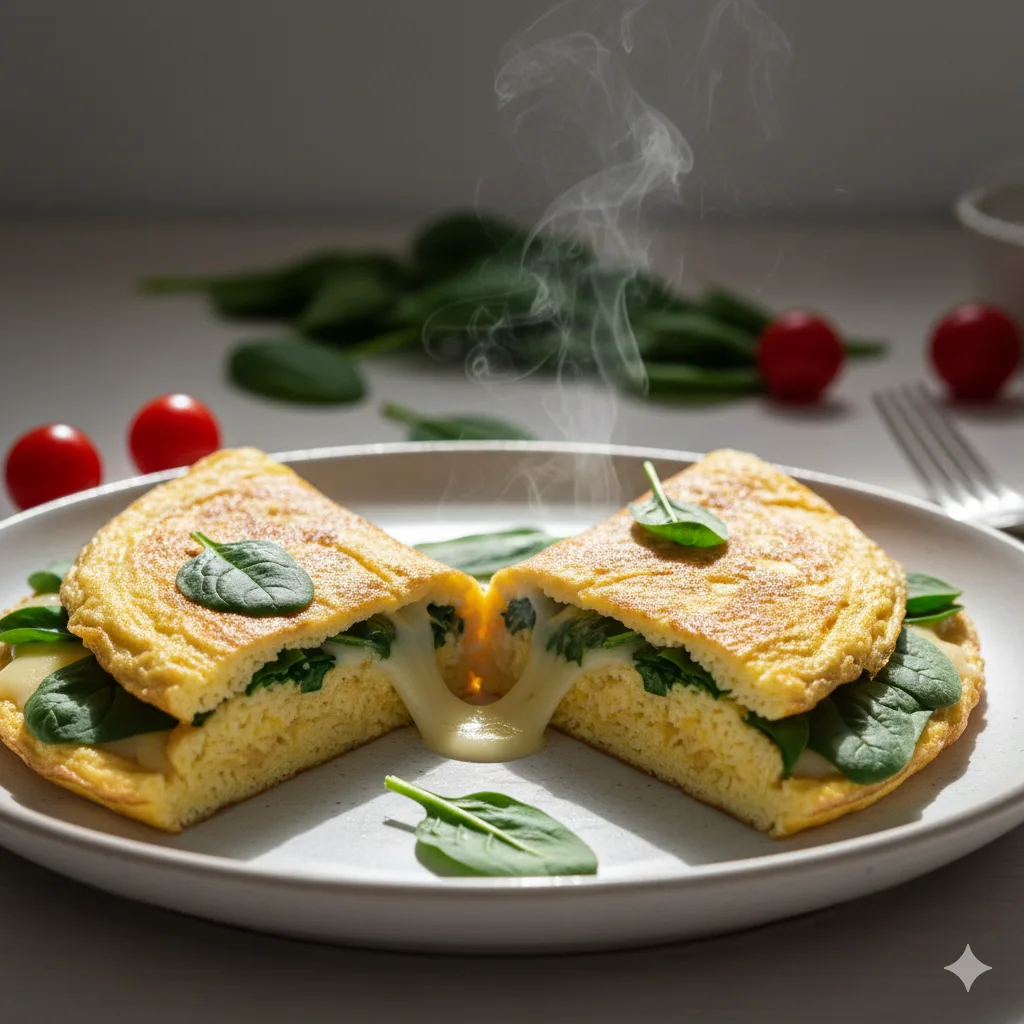 Gros plan intérieur omelette aux épinards moelleuse avec œufs crémeux et fromage