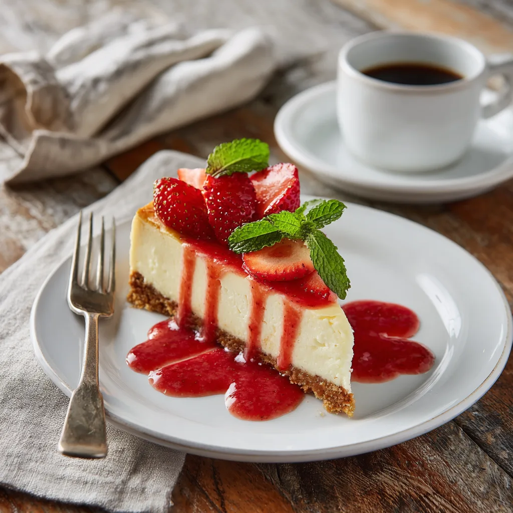 Part de cheesecake aux fraises servie assiette coulis fruits frais dessert gourmand