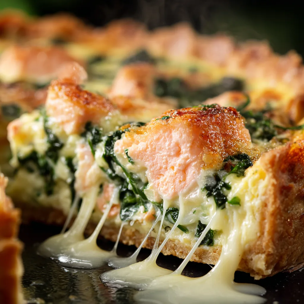 Gros plan d'une part de quiche saumon épinards montrant la texture crémeuse et les ingrédients