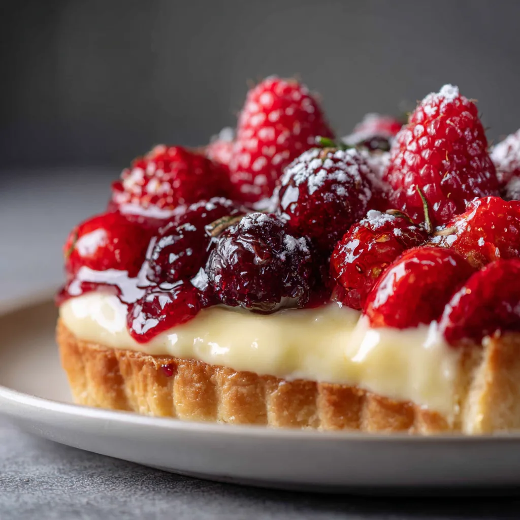Part de tarte aux fruits rouges montrant la pâte sablée et la crème pâtissière