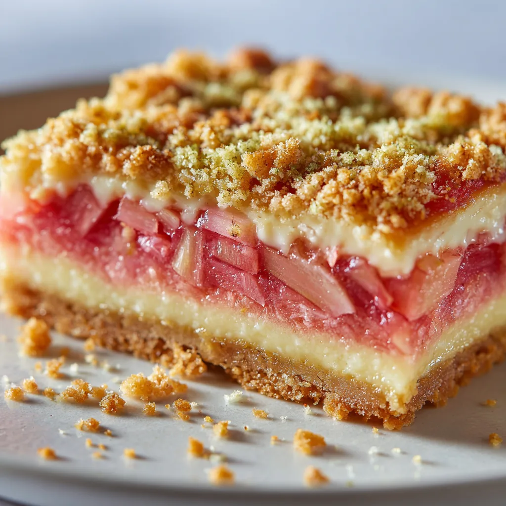 Gros plan d'une part de tarte à la rhubarbe et crème d'amande montrant les couches de pâte et crème