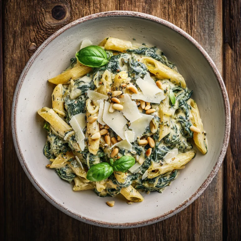 Pâtes crémeuses aux épinards et parmesan dans un bol blanc, vue de dessus avec copeaux de fromage et basilic frais