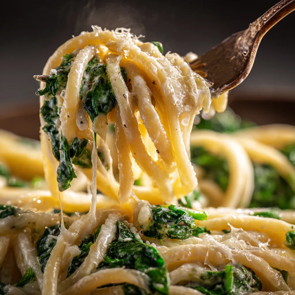 Gros plan texture crémeuse des pâtes aux épinards et parmesan avec fourchette et sauce veloutée