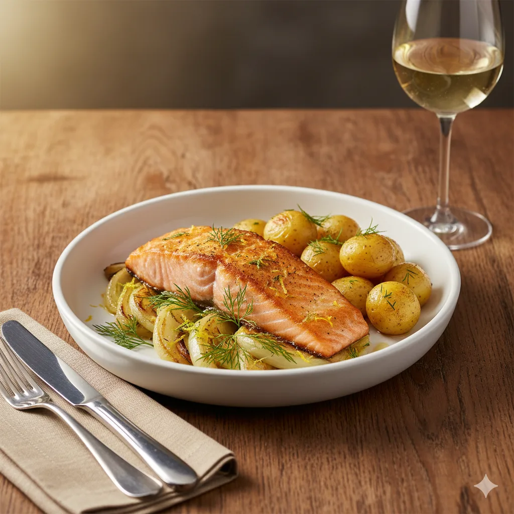 Assiette élégante de pavé de saumon au four servi avec fenouil caramélisé et accompagnements