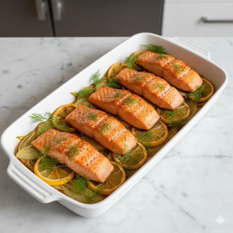 Pavé de saumon au four avec fenouil caramélisé et citron dans un plat de cuisson, vue du dessus