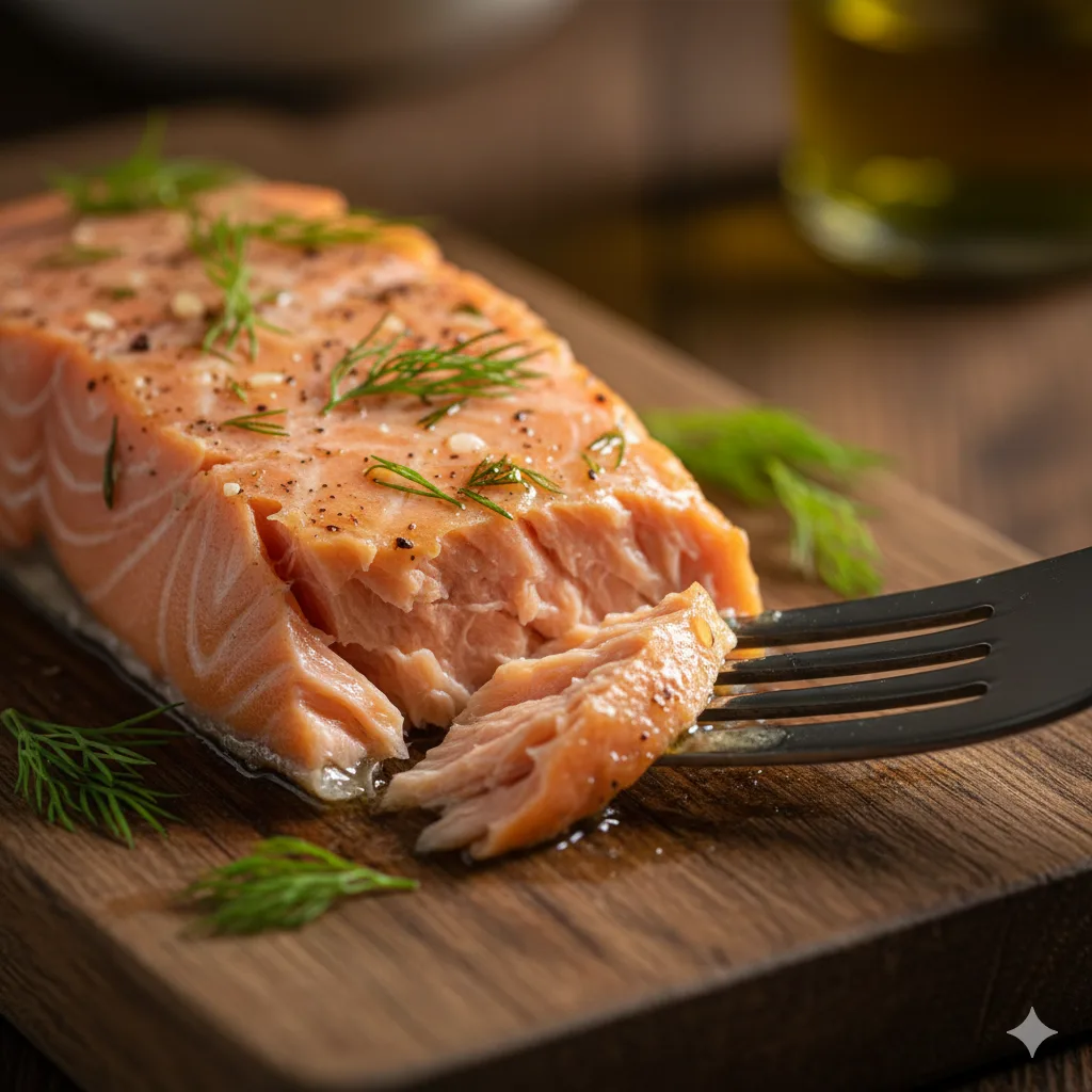 Gros plan d'un pavé de saumon au four montrant la texture moelleuse et tendre de la chair