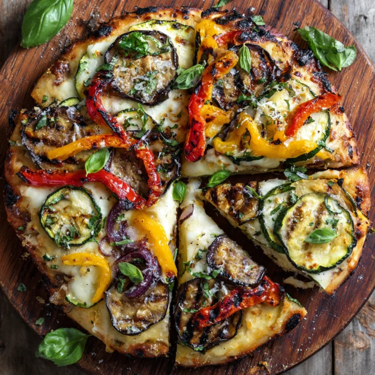 Pizza aux légumes grillés maison complète avec courgettes, poivrons et aubergines grillés sur planche en bois