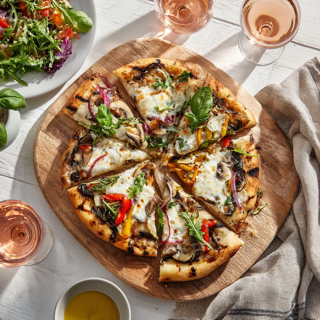 Pizza aux légumes grillés servie sur une belle table avec accompagnements et décoration méditerranéenne