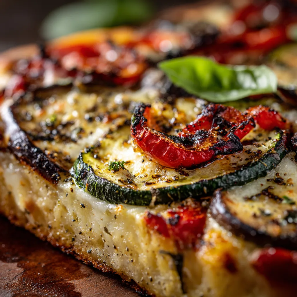 Gros plan d'une part de pizza aux légumes grillés montrant la mozzarella fondante et les légumes caramélisés