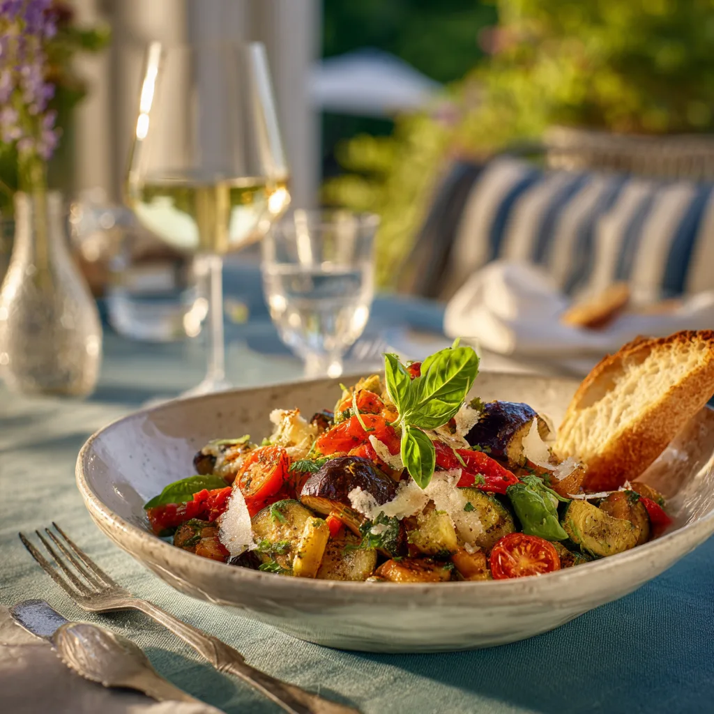 Poêlée légumes méditerranéens servie plat rustique accompagnements pain basilic