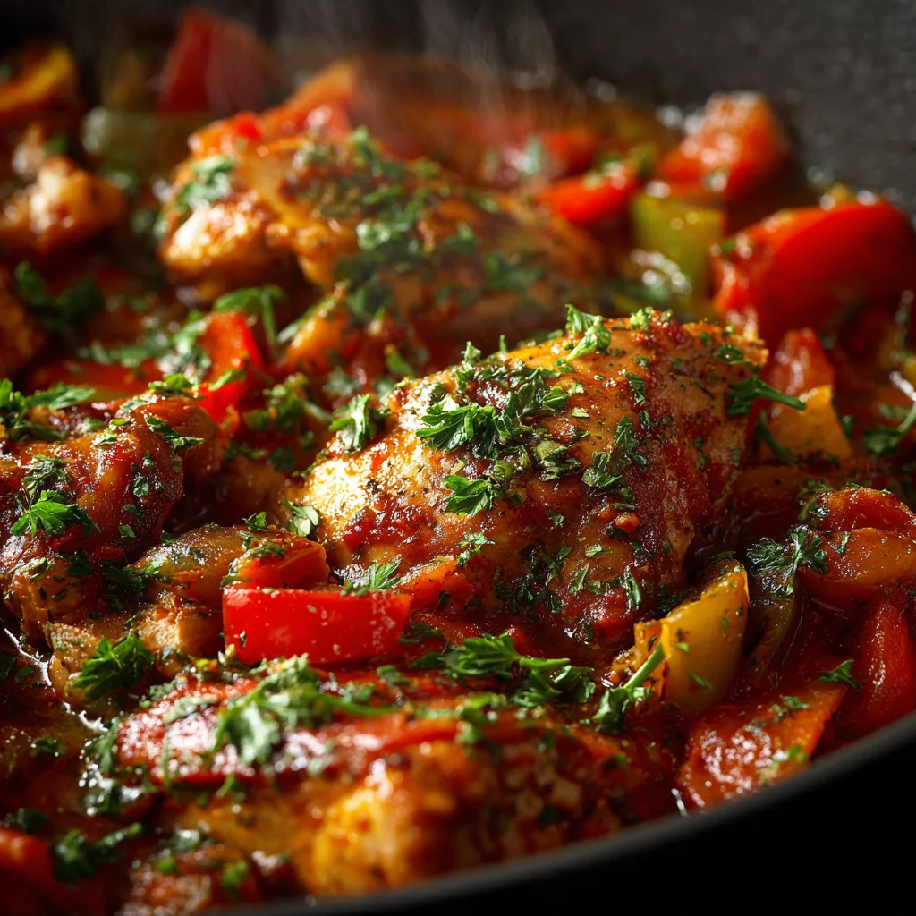 Gros plan Poulet Basquaise sauce piperade piment Espelette poivrons