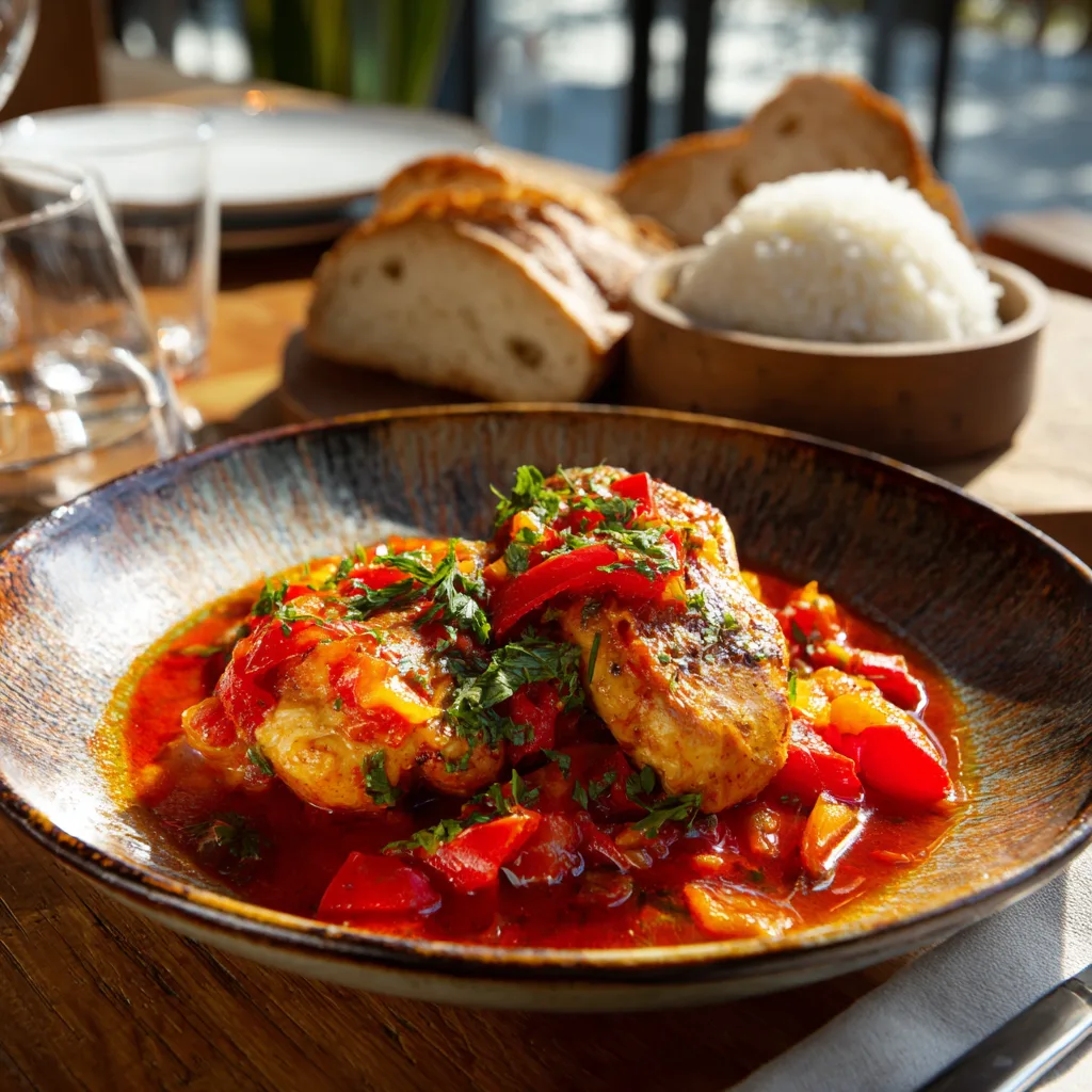 Poulet Basquaise dressé assiette accompagnement riz pain présentation