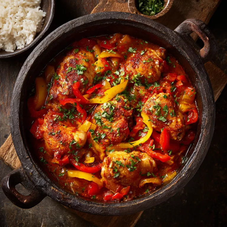 Poulet Basquaise traditionnel vue du dessus dans cocotte en fonte avec piperade et riz