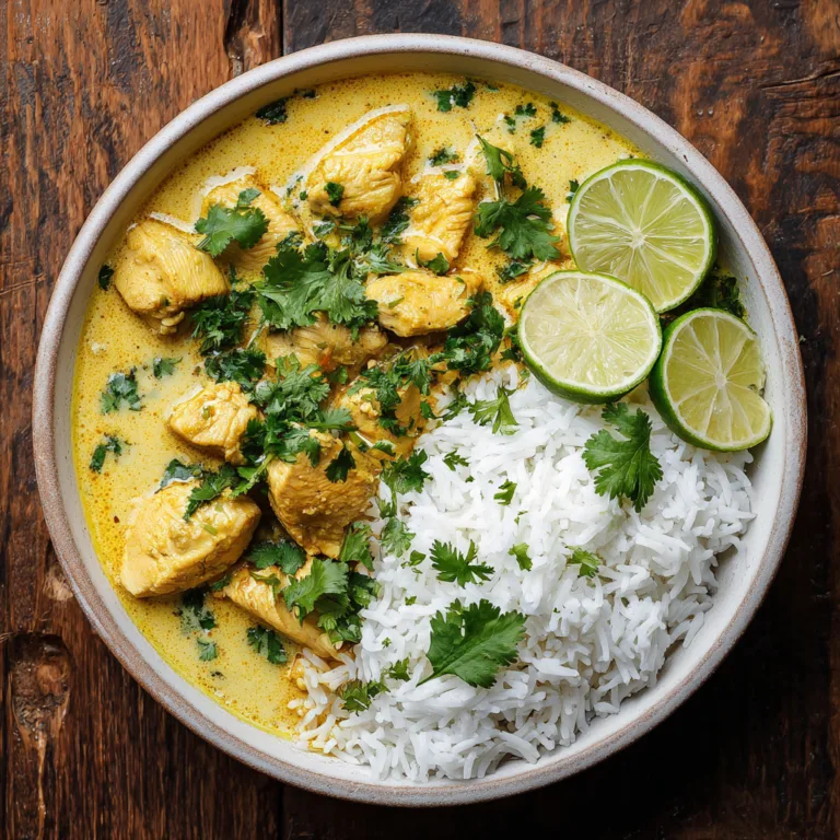 Poulet coco au lait de coco avec riz basmati vue du dessus