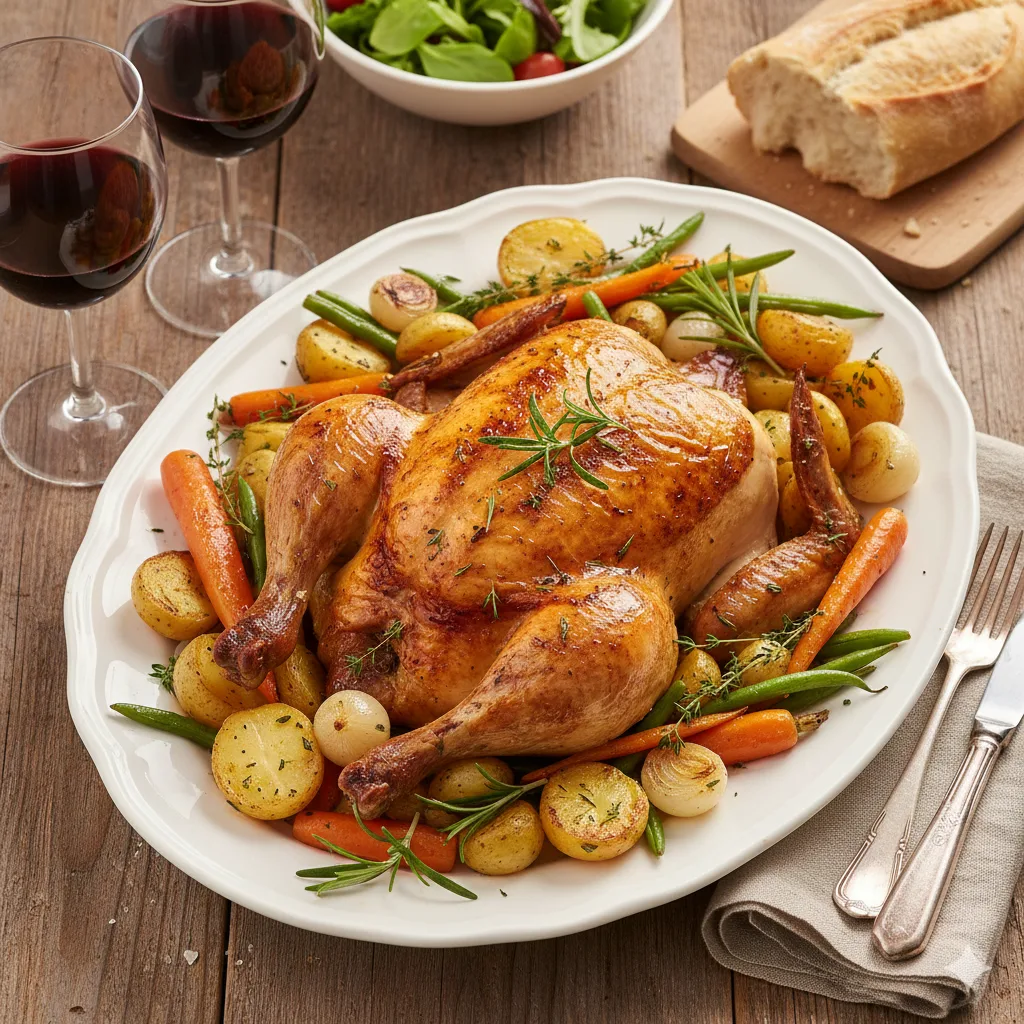 Poulet rôti herbes de Provence servi avec pommes de terre rôties et légumes table dressée