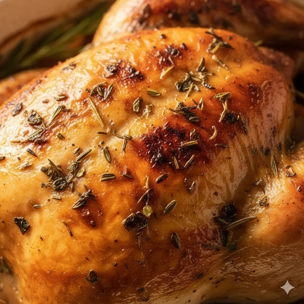 Gros plan peau croustillante poulet rôti herbes de Provence texture dorée