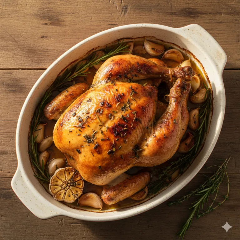 Poulet rôti aux herbes de Provence doré vue du dessus avec ail rôti et herbes fraîches