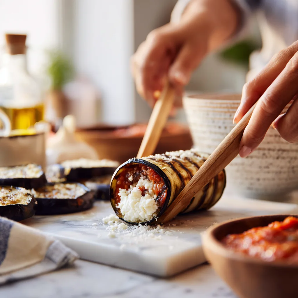Préparation Aubergines Cannelloni au Parmigiano en roulant tranches aubergines avec farce ricotta