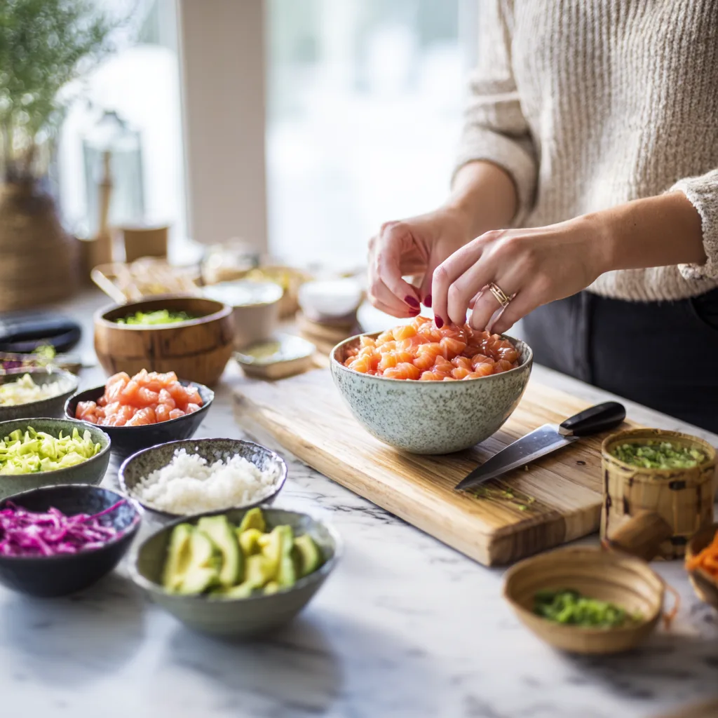Préparation maison d'un Bol Poké au Saumon avec ingrédients frais disposés sur un plan de travail