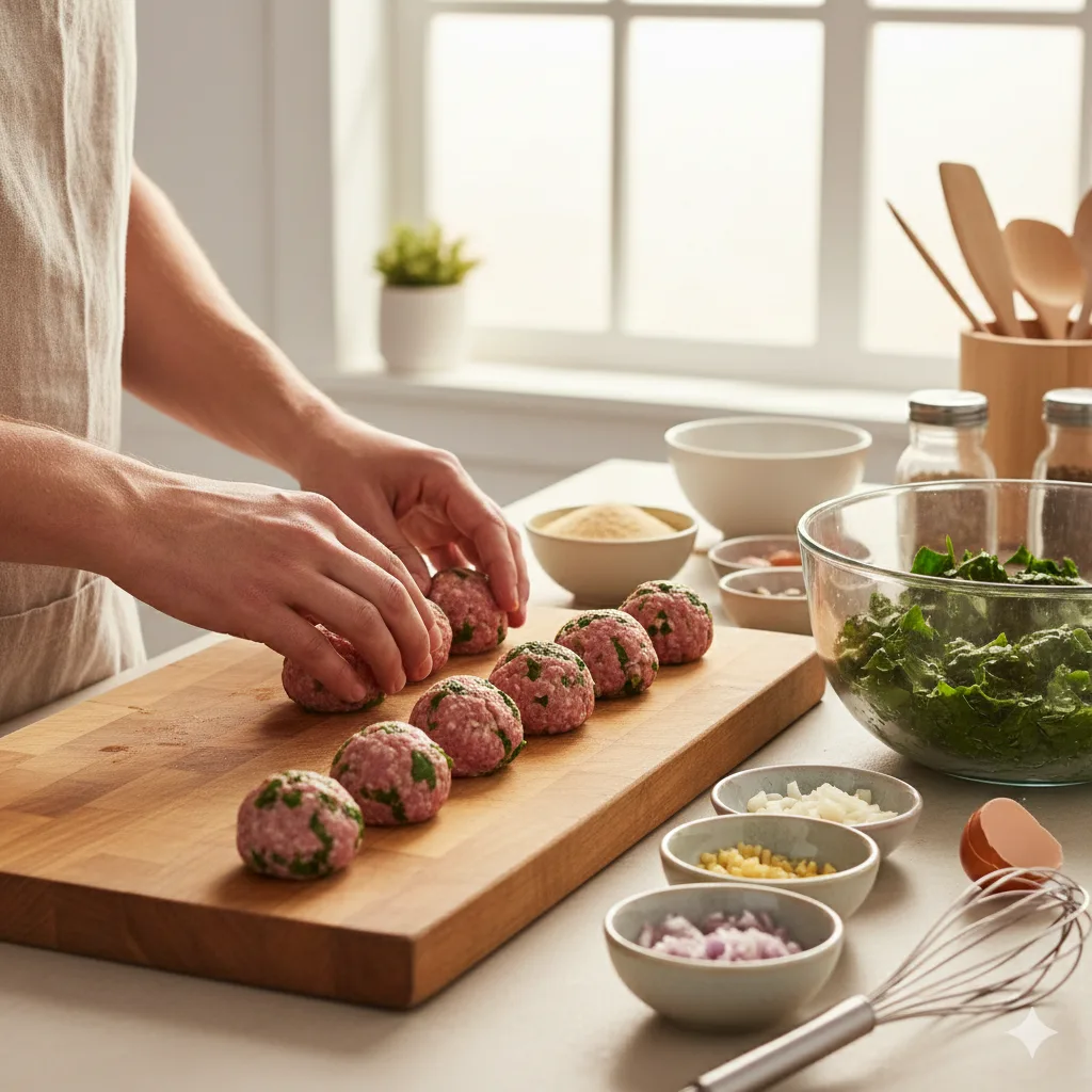 Préparation des boulettes de veau aux épinards dans une cuisine maison