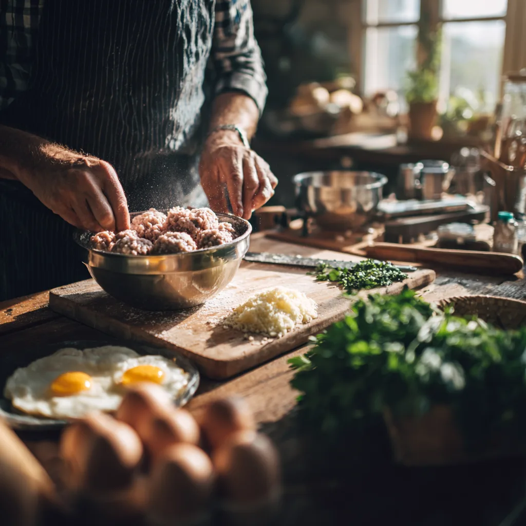 Préparation des boulettes de viande à la sauce tomate - façonnage à la main dans une cuisine domestique