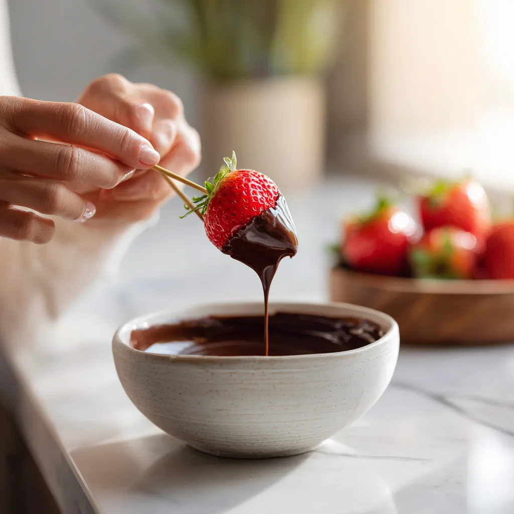 Préparation brochettes fraises chocolat trempage chocolat fondu cuisine