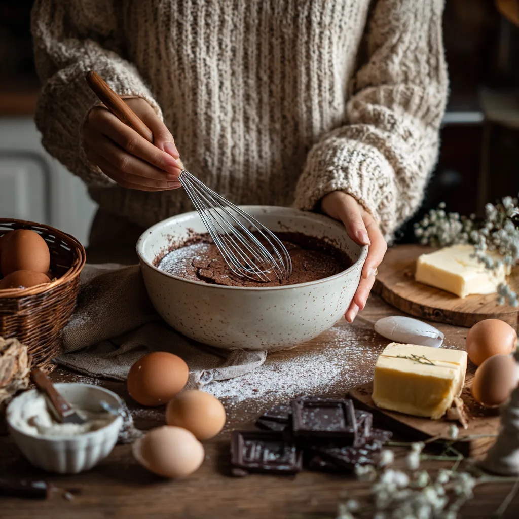 Préparation Brownie Chocolat Romantique cuisine mains mélangeant pâte chocolat