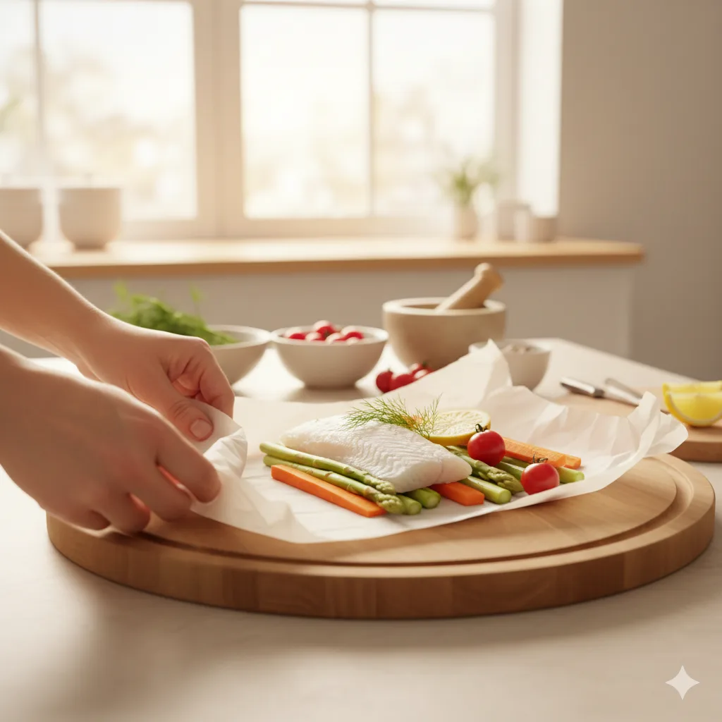 Préparation cabilloud papillote mains repliant papier cuisson poisson légumes cuisine