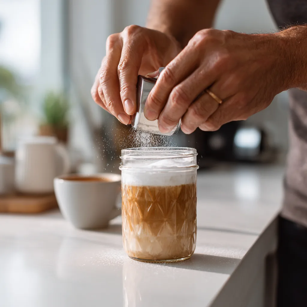 Préparation cappuccino maison bocal en verre secoué pour faire mousser le lait