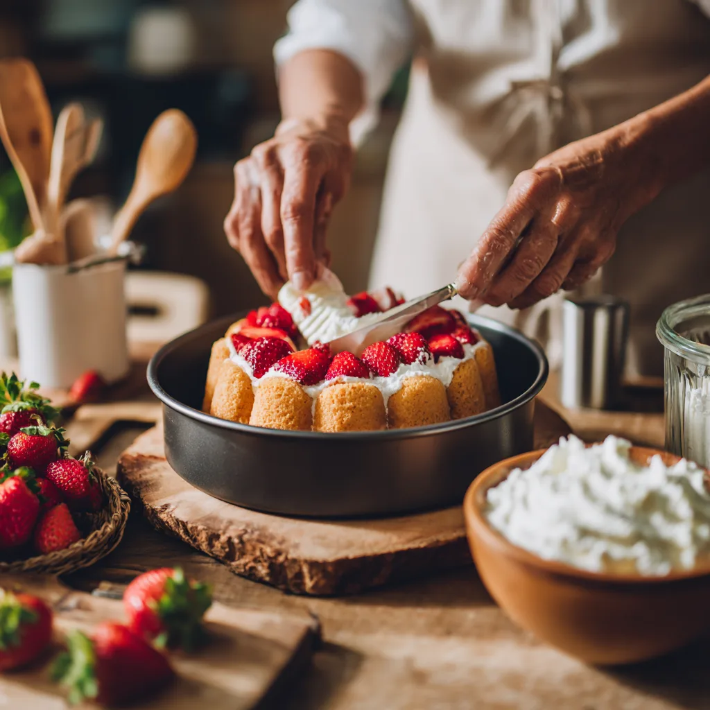 Préparation Charlotte aux Fraises montage biscuits cuillère dans moule cuisine