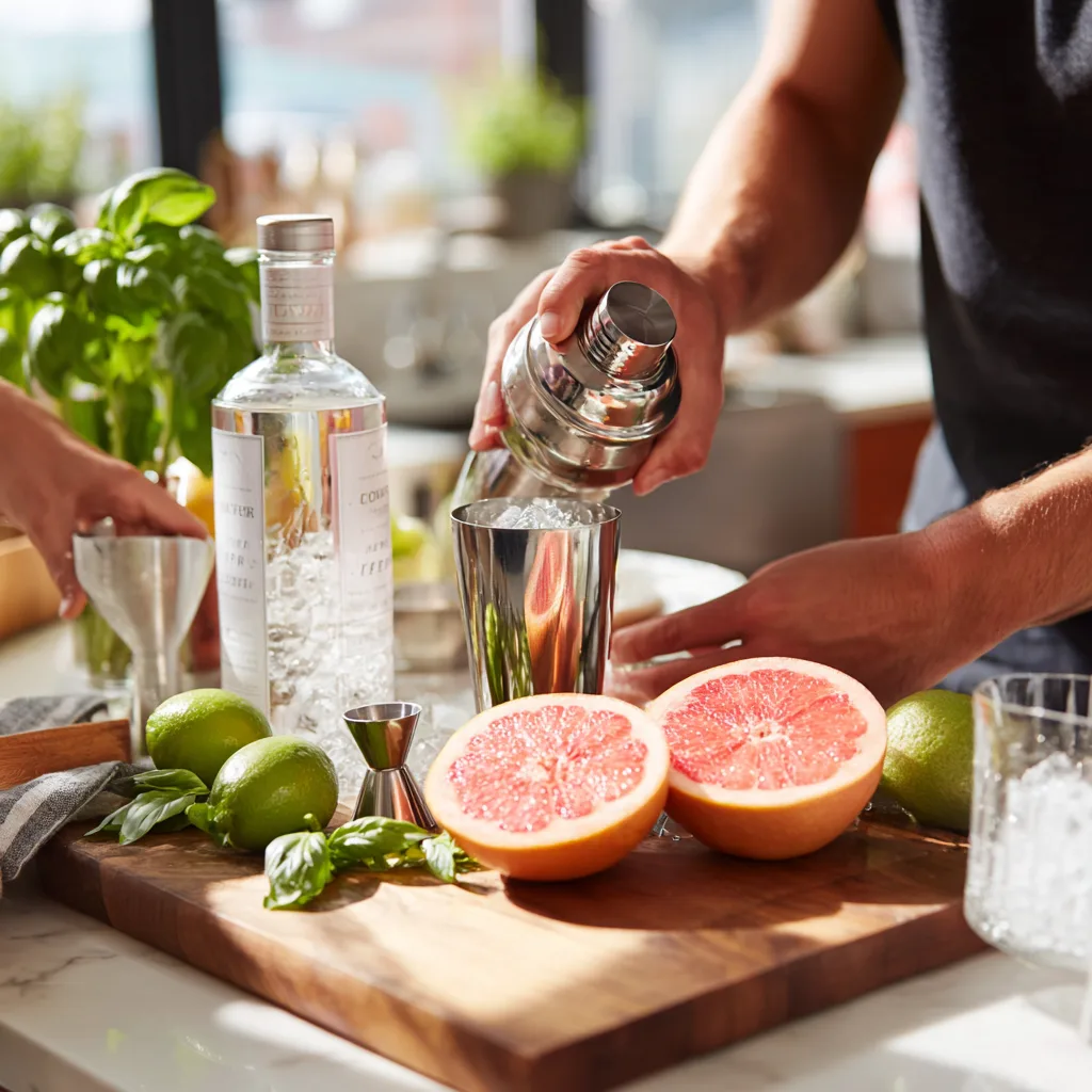 Préparation du cocktail pamplemousse rose avec shaker, pamplemousses frais et ingrédients sur plan de travail