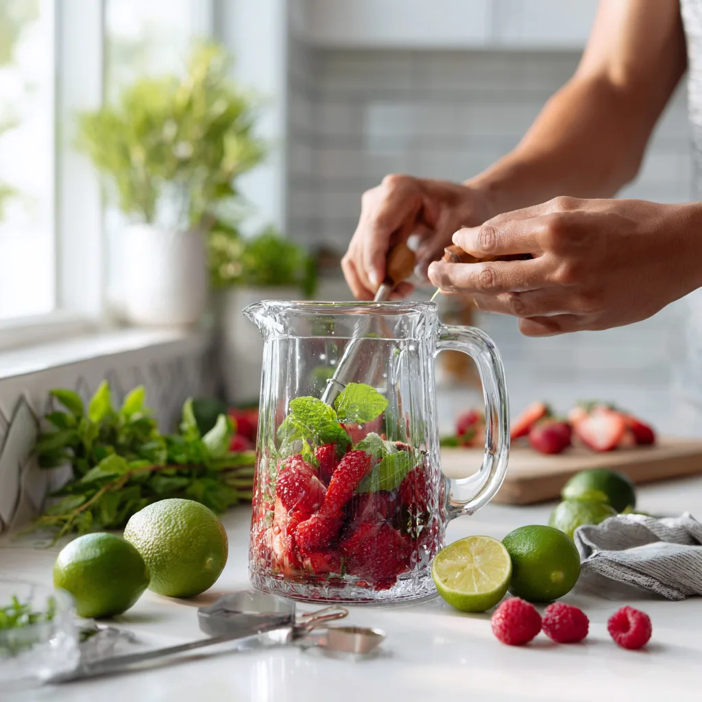 Préparation cocktail de printemps écrasement fraises framboises muddler cuisine lumineuse ingrédients frais