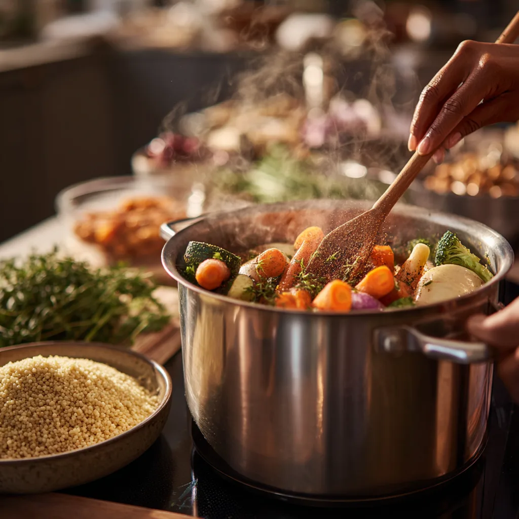 Préparation couscous végétarien rapide cuisine légumes marmite cuisson