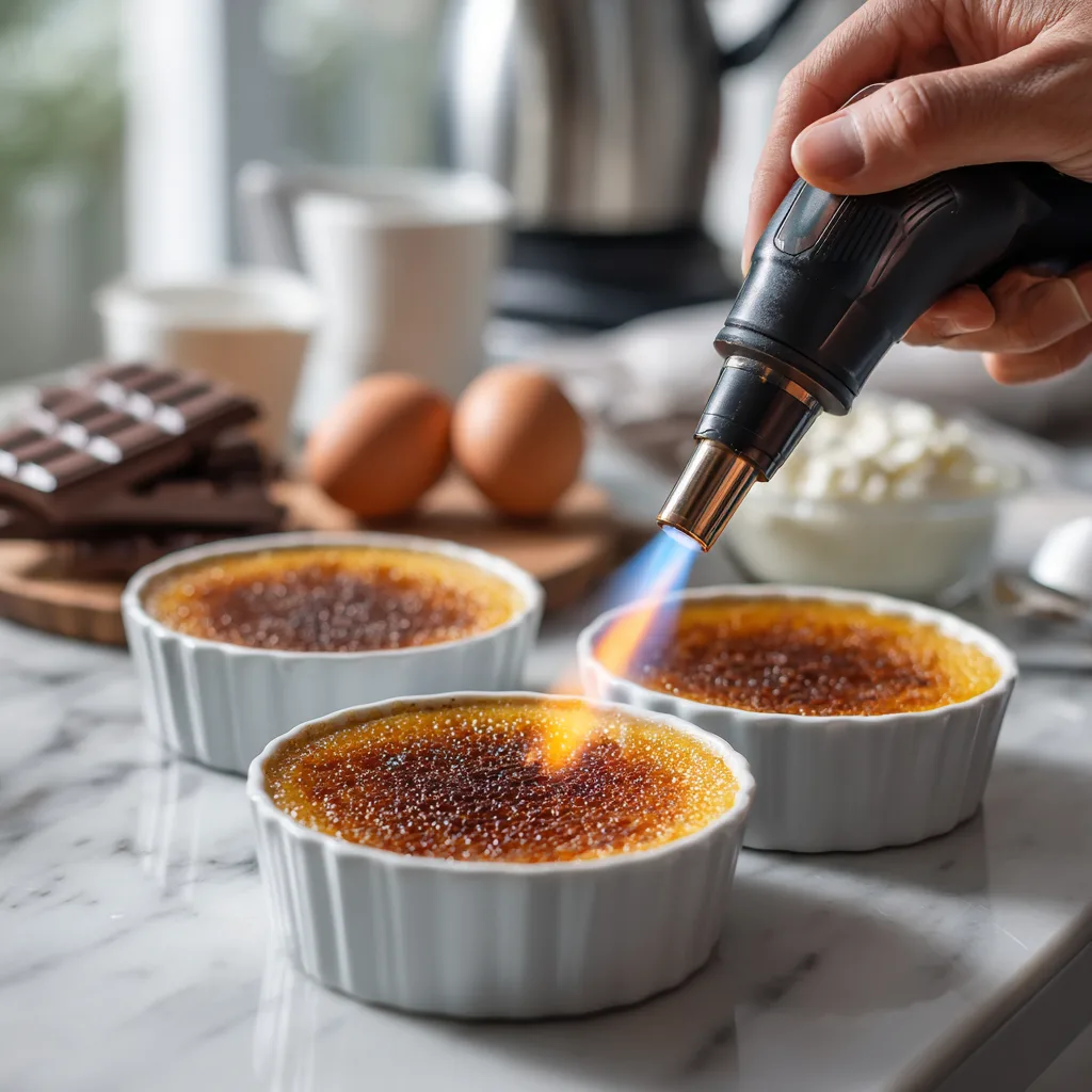 Préparation crème brûlée au chocolat caramélisation chalumeau cuisine maison