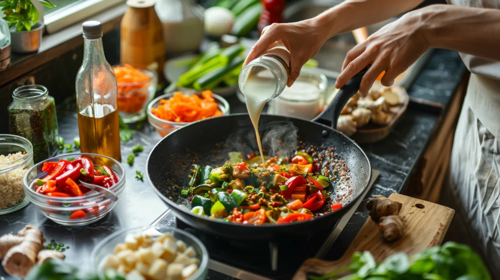 Préparation curry rouge thaï aux légumes en cuisine avec wok et ingrédients frais