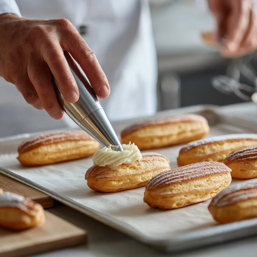 Préparation de la pâte à choux pour éclair au caramel beurre salé avec poche à douille