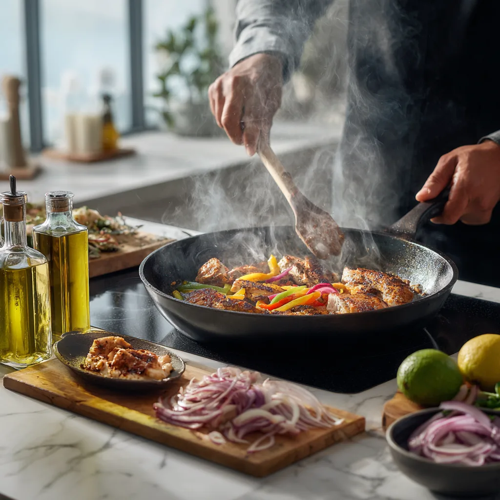 Préparation fajitas au poulet en cuisine poêle chaude poulet grillé poivrons oignons sautés vapeur