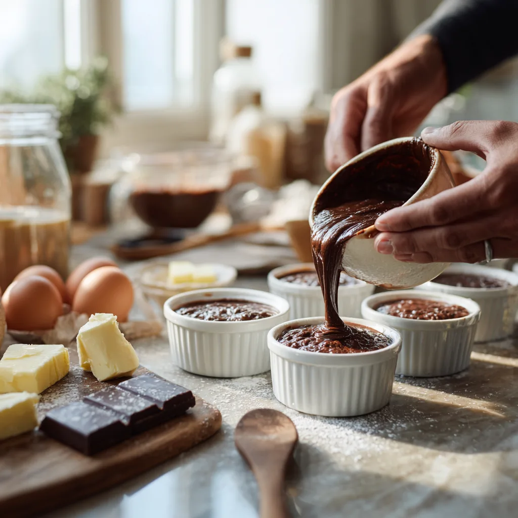 Préparation du Fondant Chocolat Coulant dans une cuisine avec ramequins et ingrédients